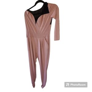 Muriell's Closet pink and black one shoulder jumpsuit.